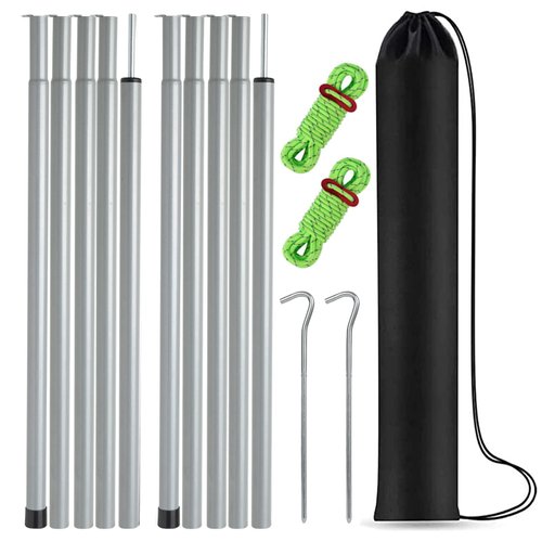 Tent Poles Adjustable Tarp Poles Steel Rods for Tarp Canopy Camping Replacement Set of 2 +Pegs & Reflective Ropes (Grey)