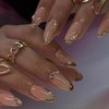 24pcs French Tip Press on Nails Medium Almond Fake Nails with Pearls Rhinestones Design Gold French Line False Nails Full Cover Glue on Nails Glossy Artificial Nails for Women Girl Nail Decoration