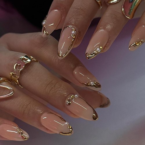24pcs French Tip Press on Nails Medium Almond Fake Nails with Pearls Rhinestones Design Gold French Line False Nails Full Cover Glue on Nails Glossy Artificial Nails for Women Girl Nail Decoration