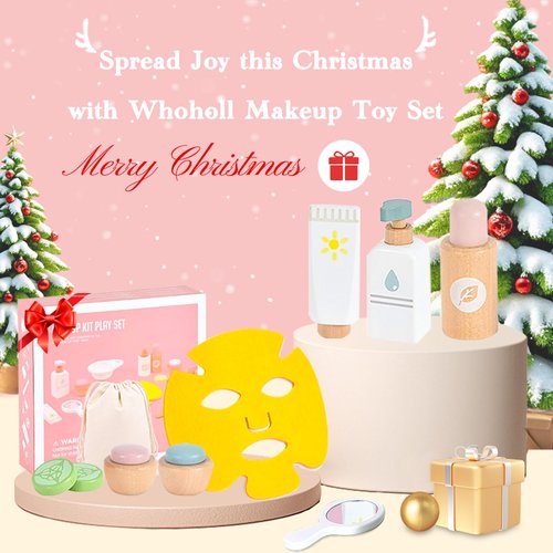 WHOHOLL Wooden Makeup Toy Set, Pretend Beauty Salon Toys Skin Care Learning Toys for Toddler, Daycare Toys Christmas Birthday Gift for 2 3 4 5+ Year Old Girls - Facial Cleanser, Mirror, Face Mask
