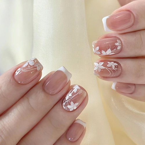 White French Tip Press on Nails Short Square Fake Nails White Flower Glue on Nails Glossy Artificial Nails Nude Pink False Nails with design Stick on Nails Acrylic Nails for Women Girls Manicure 30pcs