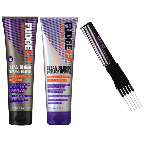 rewind Fudge Clean Blonde Damage Rewind VIOLET-TONING Shampoo & Conditioner DUO SET (w Sleek Teasing Comb) Purple Toner to Erase Yellow Hair Tones (8.4 oz + 8.4 oz KIT)