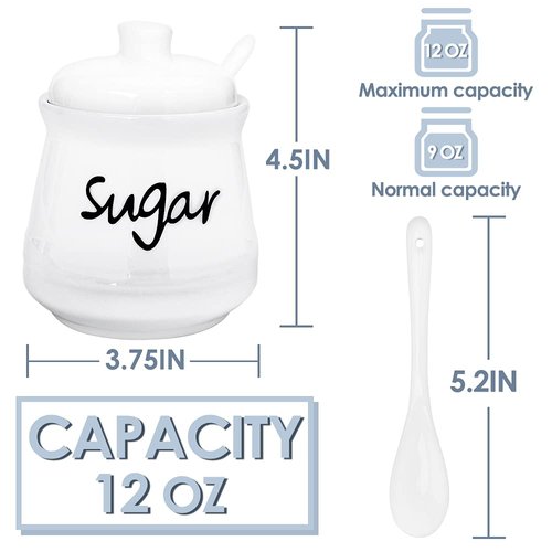 Swetwiny Ceramic Sugar Bowl with Lid and Spoon, 12 Ounces Porcelain Sugar Jar Sugar Dispenser, Sugar Container for Home and Kitchen Decor (White)