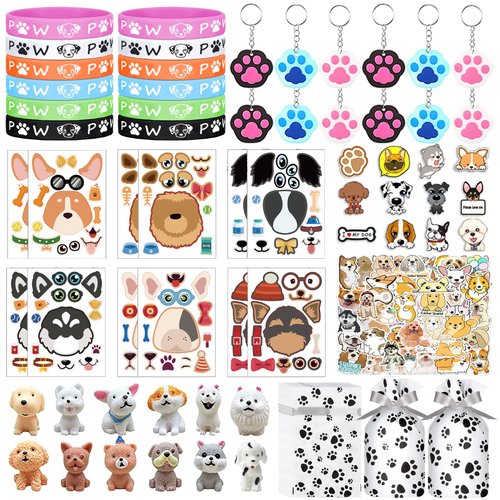 122Pcs Dog Party Favors Gift Set for Kids Dog Birthday Party Supplies Include 12 Dog DIY Face Stickers 12 Dog Bags 12 Keychains 12 Bracelets 50 Stickers for Puppy Party Favors