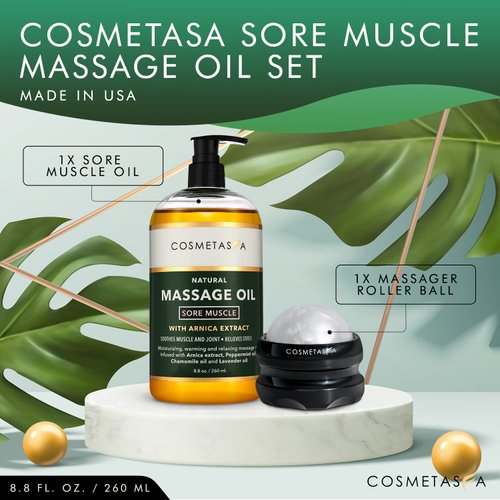 Cosmetasa Massage Oil for Sore Muscles with Roller Ball - Soothes Joints & Muscles with Arnica, Lavender Oil, Peppermint Oil & Chamomile Extract