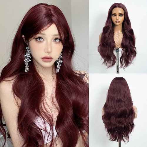 REBECCA STYLE Long Purplish Red Wavy Wigs for Women 28 Inch Middle Part Curly Wavy Wig Natural Lo...