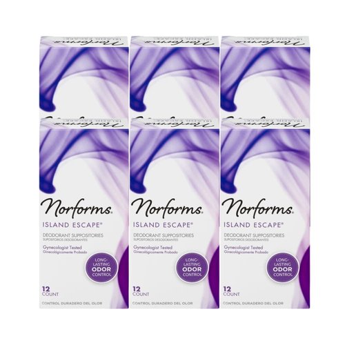 Norforms Feminine Deodorant Suppositories, Long Lasting Odor Control, Island Escape Scent, 12 Count (Pack of 6)