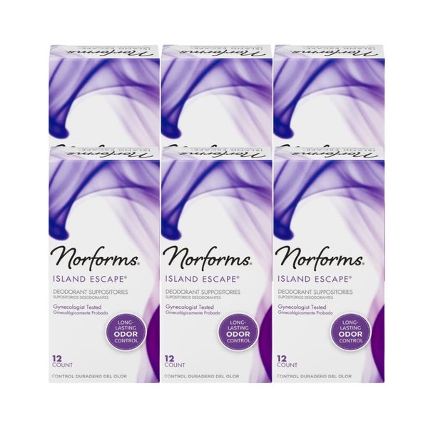 Norforms Feminine Deodorant Suppositories, Long Lasting Odor Control, Island Escape Scent, 12 Count (Pack of 6)