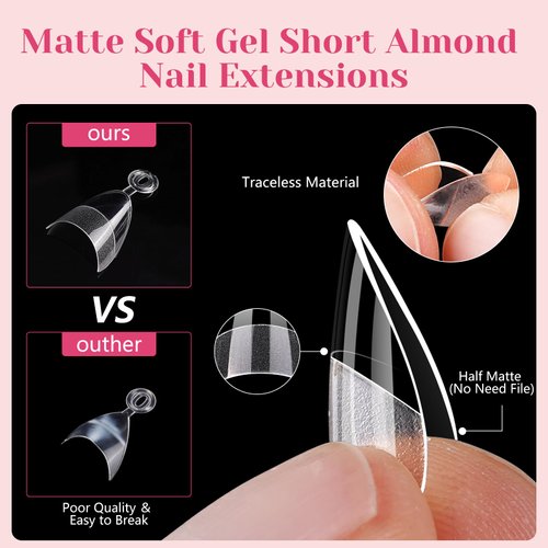 LIONVISON Short Almond Nail Tips Half Cover, 600PCS Extra Short Almond Soft Gel Nail Tips, Pre-shaped Clear False Nails with Handles for Acrylic Nail Salon with Box 12 Sizes