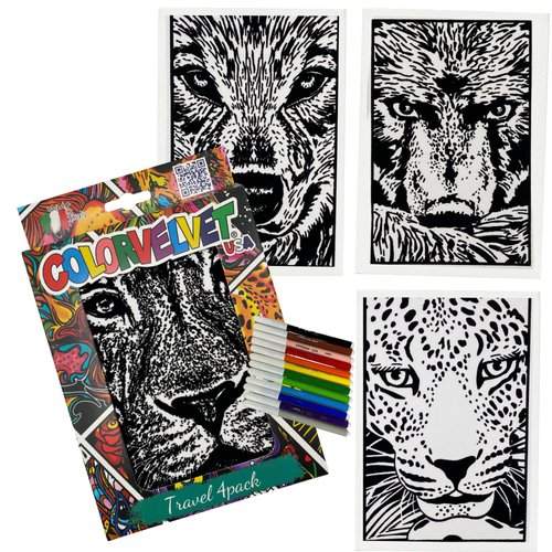 4 Pack Velvet Coloring Posters for Kids- Predators- Arts & Craft Kit Includes a Lion, Bear, Cheetah, Wolf and 12 Felt Tip Markers- Ideal for Travel- Boys and Girls 3+