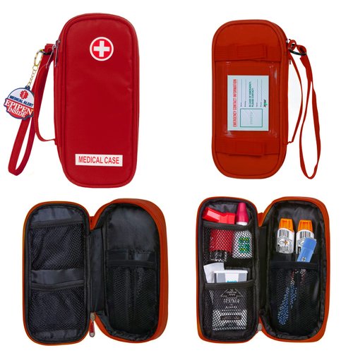 EpiPen Medical Carrying Case Insulated, Travel Medication Organizer Bag Emergency Medical Pouch, Fits 2 EpiPens, Asthma Inhaler, Anti-Histamine, Auvi-Q, Allergy Medicine Essentials, Red