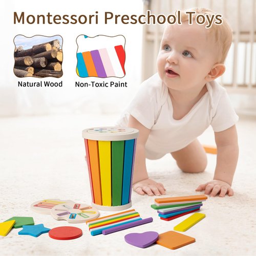 Montessori Toys for 1-3 Year Old, Wooden Color Sorting Learning Toys for Toddlers, Fine Motor Skills Toys for 2-3, Sensory Development Educational Matching Games, 18 Month Old Toys Baby Boys Girls