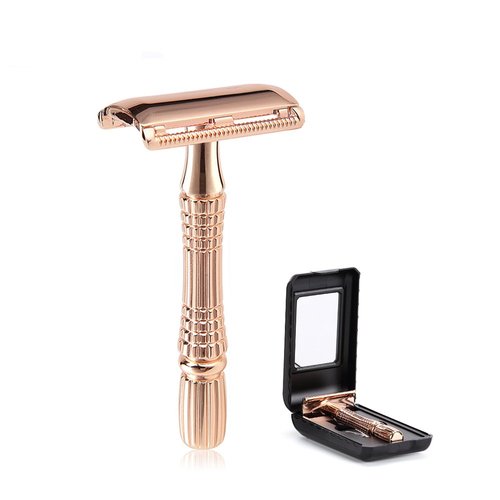 BAILI Classic 3-Piece Double Edge Safety Razor Wet Shaving for Men Women with Platinum Blade and Mirrored Travel Case Rose Gold BD178
