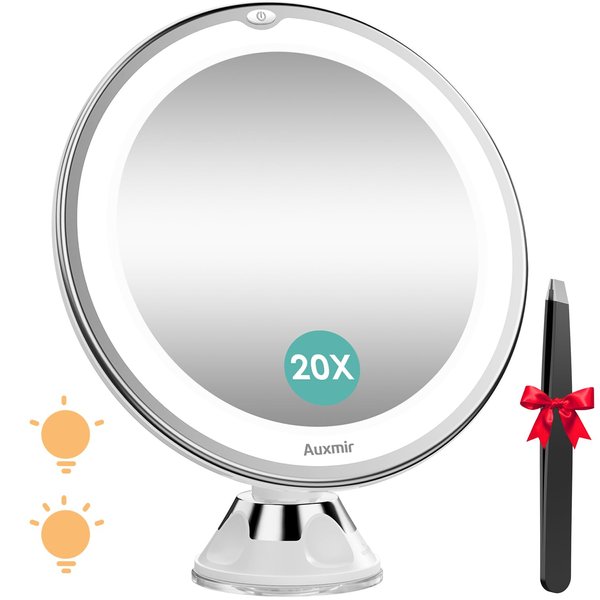 Auxmir Upgraded 20X Magnifying Lighted Makeup Mirror with 2-Level Brightness, Vanity Mirror with Power Suction Cup, 360° Swivel, Portable Bathroom Mirror for Home Travel, White