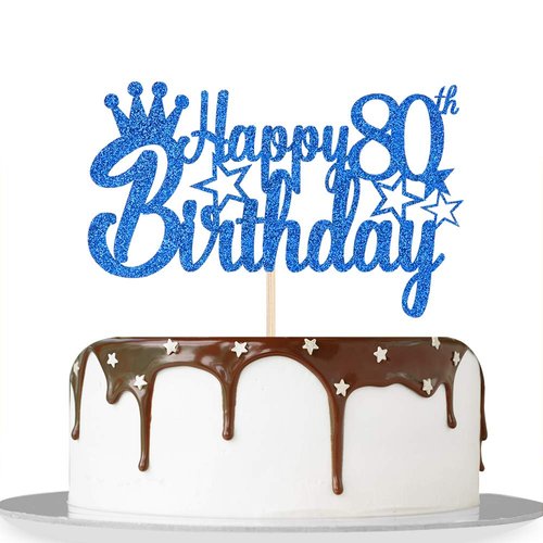Blue Glitter Happy 80th Birthday Cake Topper for Cheers to 80 Years/Men Queen's Birthday 80th Years Blessed Anniversary Party Decorations Supplies - High Grade Color