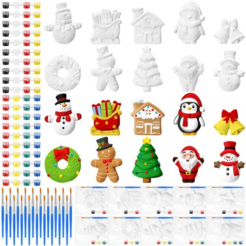 Simgoing 20 Set Christmas DIY Painting Kit Ceramic to Paint Your Own Snowman Santa Xmas Tree Penguin Statues Unpainted Plaster Figurines Brushes Acrylic Paints Bags Party Favor for Kids Adults