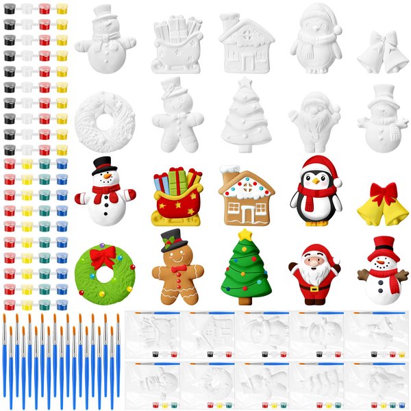 Simgoing 20 Set Christmas DIY Painting Kit Ceramic to Paint Your Own Snowman Santa Xmas Tree Penguin Statues Unpainted Plaster Figurines Brushes Acrylic Paints Bags Party Favor for Kids Adults