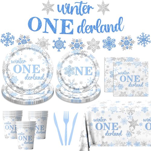 Winter Onderland 1st Birthday Party Supplies, Blue Winter Frozen Party Tableware Set for Boys, Winter Party 1st Birthday Plates Napkins Banner Tablecloth Forks and Knives Serve 20