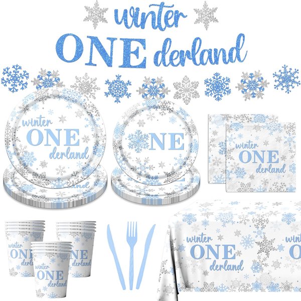 Winter Onderland 1st Birthday Party Supplies, Blue Winter Frozen Party Tableware Set for Boys, Winter Party 1st Birthday Plates Napkins Banner Tablecloth Forks and Knives Serve 20