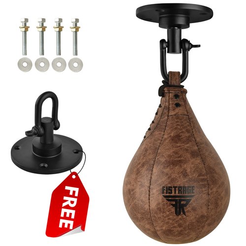 FISTRAGE Speed Ball Boxing Bag Leather MMA Muay Thai Training Punching Dodge Striking Kit with Free Hanging Swivel Workout Speedball Kicking Platform Equipment (Black)
