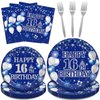 Kepeel 96Pcs 16th Birthday Party Tableware Set, Blue and Silver Happy 16th Birthday Party Decorations Supplies for Boys Girls 16 Years Old Birthday Party Dessert Plates Napkins Forks Favors, Serve 24