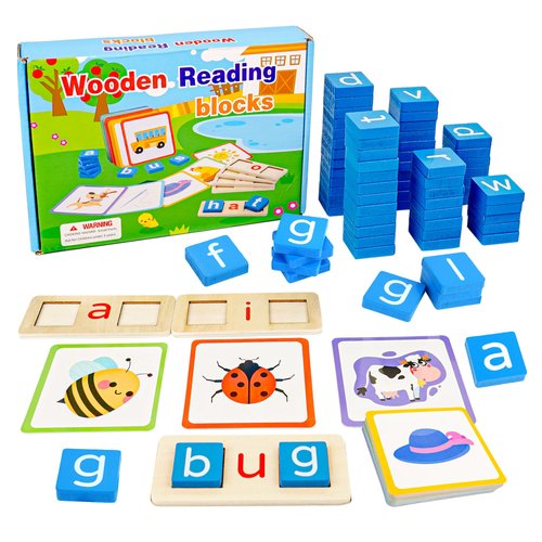 SMILESSKIDDO 60PCS Sight Words Flash Cards Kindergarten Preschool Learning Activities for Kids - Wooden Reading Blocks Montessori Alphabet Toys, CVC Word Spelling Games Learning Toys