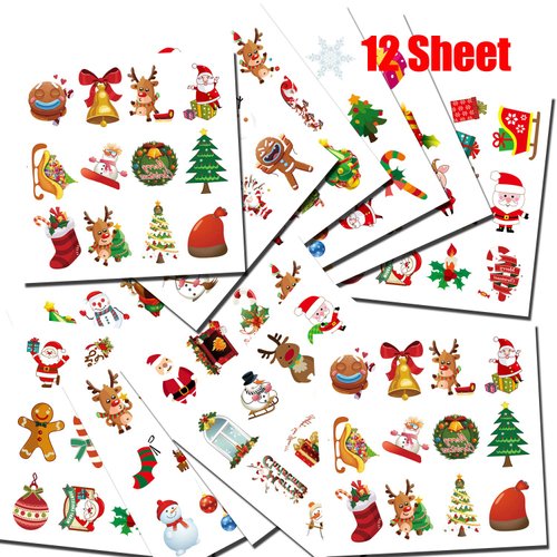 144 PCS Assorted Christmas Temporary Tattoos, Waterproof Body Face Stickers Birthday Stocking Stuffed Xmas Gifts Party Favors for Adults Kids, 72 Patterns