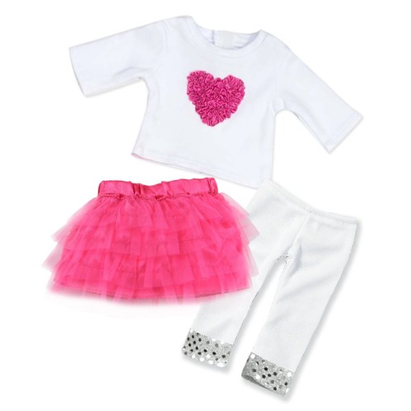 Sophia's Long-Sleeved Heart Tee, Tutu Tulle Skirt, & Sequin-Trimmed Leggings Complete Outfit Set for 18” Dolls, Hot Pink/White