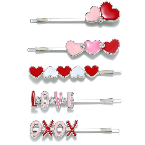 5PCS Valentine's Day Bobby Pins Red Sweet Love Heart Hair Barrettes Pink Heart Hairpins for Women Enamel Glitter Rhinestone Love and XOXO Slide Barrettes Styling Hair Accessories