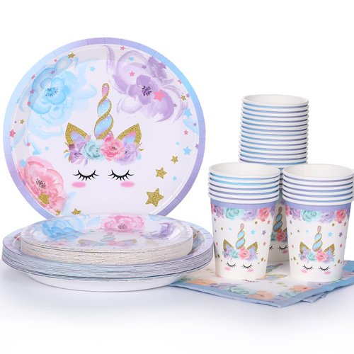 LIUGUSUN Unicorn Party Supplies Rainbow Unicorn Plates and Napkin Sets for Baby Shower First Girls Birthday Party Decorations Afternoon Tea Pool Garden Party，Serves 24