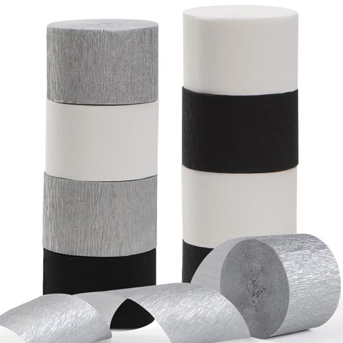 Black White Silver Party-Decorations Streamers - 9 Rolls Graduation Men Boys Birthday Crepe Tissue Paper Streamer Banner, Wedding Baby Bridal Shower New Years Garland Decor Panduola