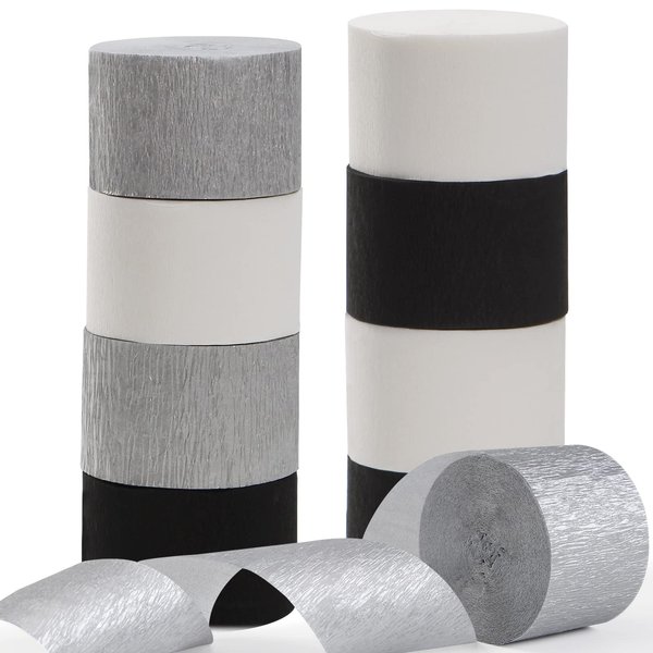 Black White Silver Party-Decorations Streamers - 9 Rolls Graduation Men Boys Birthday Crepe Tissue Paper Streamer Banner, Wedding Baby Bridal Shower New Years Garland Decor Panduola