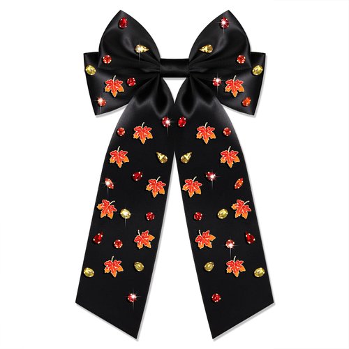 Boderier Thanksgiving Hair Bows for Women Maple Leaf Hair Bows Hair Clip Jeweled Crystal Satin Bow Barrette Hair Clip Gifts for Women Maple Leaf Black