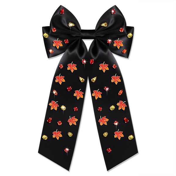 Boderier Thanksgiving Hair Bows for Women Maple Leaf Hair Bows Hair Clip Jeweled Crystal Satin Bow Barrette Hair Clip Gifts for Women Maple Leaf Black