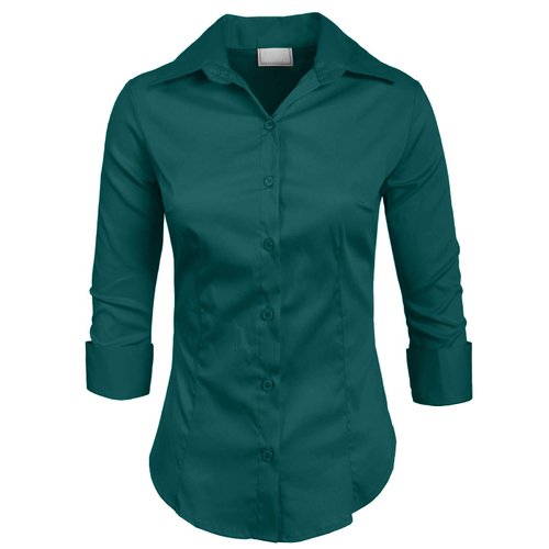 NE PEOPLE Button Down Shirt - Women's 3/4 Sleeve Roll Up Stretch Collar Office Work Formal Casual Basic Blouse Top NEWT01 Darkteal M