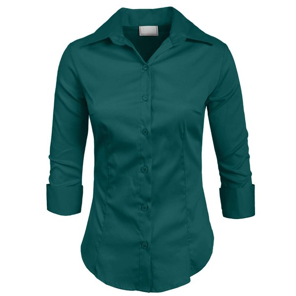 NE PEOPLE Button Down Shirt - Women's 3/4 Sleeve Roll Up Stretch Collar Office Work Formal Casual Basic Blouse Top NEWT01 Darkteal M