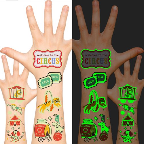 EMOME Glow Tattoos for Kids, Fake Tattoos Stickers for Boys and Girls, Luminous In The Dark Temporary Tattoos Kids, Children Glow Birthday Party Supplies Goodie Bags Stuffers (Circus)