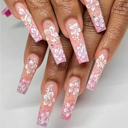 Foccna Pink Press on Nails Long,Flower Fake Nails Square Bling Glossy Rhinestone False Nail Tips ...