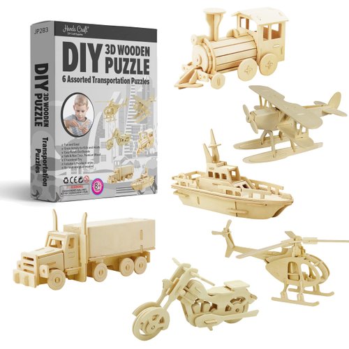 Hands Craft DIY 3D Wooden Puzzle – 6 Assorted Transportation Bundle Pack Set Brain Teaser Puzzles Educational STEM Toy Adults and Kids to Build Safe and Non-Toxic Easy Punch Out Premium Wood JP2B3