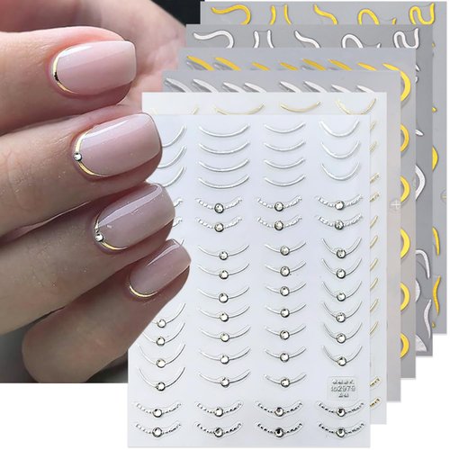 6 Sheets French Tip Nail Art Sticker for Nail Art 5D Luxury Lines French Nail Decals Self-Adhesive with Crystal Diamond Design Gold Silver Nail Stickers for Women Girls Acrylic Manicure Accessories