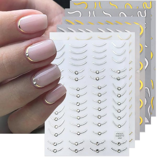 6 Sheets French Tip Nail Art Sticker for Nail Art 5D Luxury Lines French Nail Decals Self-Adhesive with Crystal Diamond Design Gold Silver Nail Stickers for Women Girls Acrylic Manicure Accessories