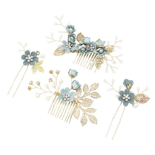 Kisangel 4pcs pearl floral leaf hair accessories Wedding Hair Comb Flower Hair Comb Set Rhinestone Pearl Hair Clips Wedding Hair Accessories for floral hair clip Brides bridal hair comb (Green)