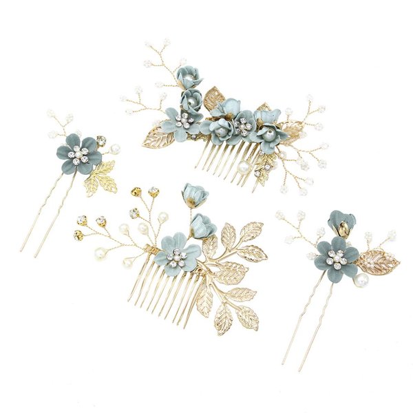 Kisangel 4pcs pearl floral leaf hair accessories Wedding Hair Comb Flower Hair Comb Set Rhinestone Pearl Hair Clips Wedding Hair Accessories for floral hair clip Brides bridal hair comb (Green)