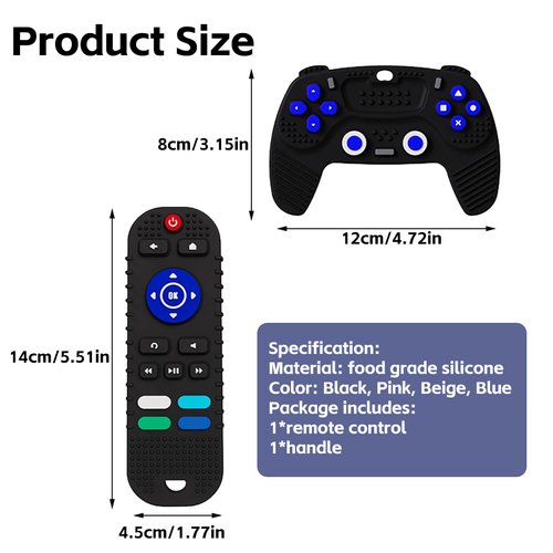 2-Pack Baby Teether Toys Silicone Toddler Sensory Toy Chew Toys Educational, TV Remote Control Shape Teething Toys for Babies 6-18 Months (Black)