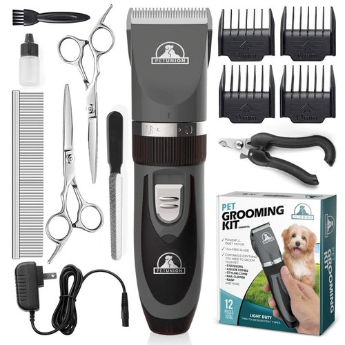 Pet Union Professional Dog Grooming Kit - Cordless Low Noise Dog Clippers for Grooming Thick Coats - All Pet Safe Cat Hair Trimmer - Pet Grooming Kit includes Dog Hair Clippers, Nail Trimmer & Shears
