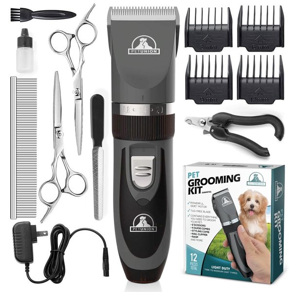 Pet Union Professional Dog Grooming Kit - Cordless Low Noise Dog Clippers for Grooming Thick Coats - All Pet Safe Cat Hair Trimmer - Pet Grooming Kit includes Dog Hair Clippers, Nail Trimmer & Shears