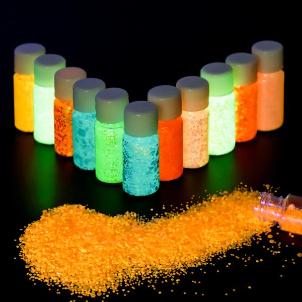 Glow in The Dark Glitter, SEISSO 12 Bottles Luminous Glitter with UV Flashlight Set, 10g/Bottle Chunky Glitter Powder for Resin Arts Crafts, Body Face Nail Glitter, Tumbler Slime Glitter