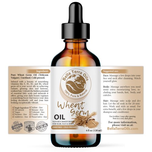 Bella Terra Oils - Organic Wheat Germ Oil 4oz - A Symphony of Vitamin E & C, Pure Essence of Face Oil, Dive into Natural Glow & Suppleness