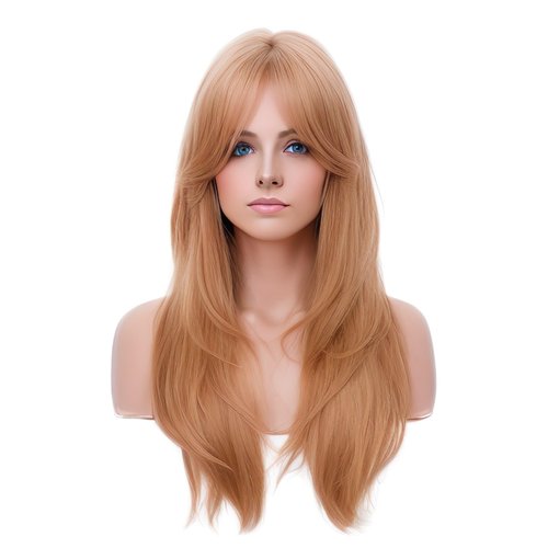 Rugelyss Long Wavy Strawberry Blonde Wigs for Women, Layered Synthetic Hair Wig with Bangs for Daily Party