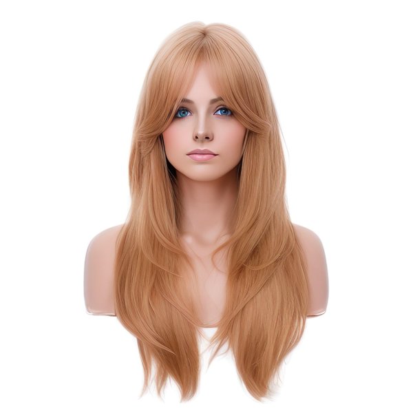 Rugelyss Long Wavy Strawberry Blonde Wigs for Women, Layered Synthetic Hair Wig with Bangs for Daily Party